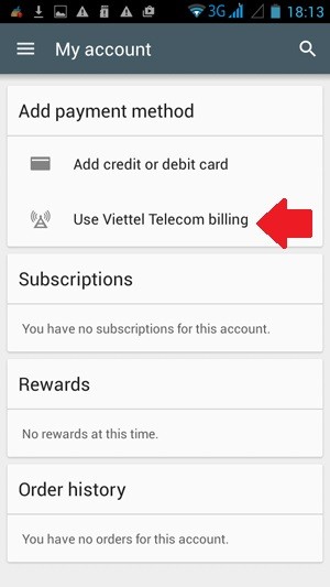 Hướng dẫn dùng tài khoản Viettel mua ứng dụng Google Play: Bấm chọn "Use Viettel Telecom billing".