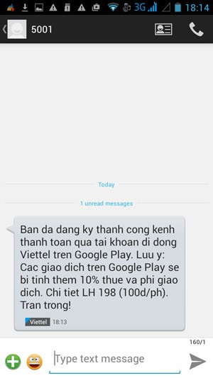 Hướng dẫn dùng tài khoản Viettel mua ứng dụng Google Play: Sẽ diễn ra việc xác thực số điện thoại dùng để thanh toán thực hiện qua SMS ngầm (miễn phí), và khi hoàn tất sẽ có tin nhắn gửi đến số điện thoại Viettel của bạn.