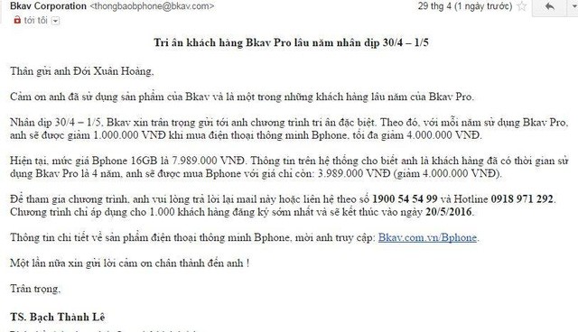 Khách dùng Bkav lâu năm sẽ được mua Bphone giá 4 triệu đồng ảnh 1 Khách dùng Bkav lâu năm sẽ được mua Bphone giá 4 triệu đồng ảnh 1