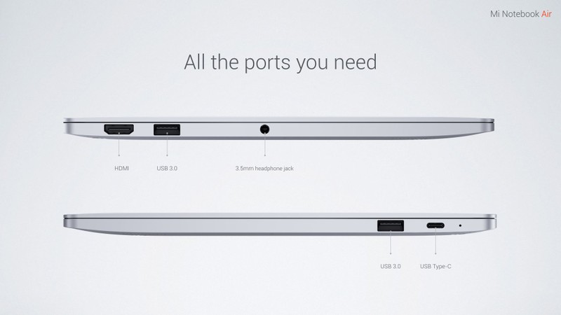 Tất cả các loại cổng kết nối phổ biến đều được trang bị trên Mi Notebook Air.