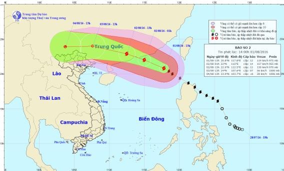 Đường đi của bão số 2. Ảnh Trung tâm Khí tượng Thủy văn Trung ương