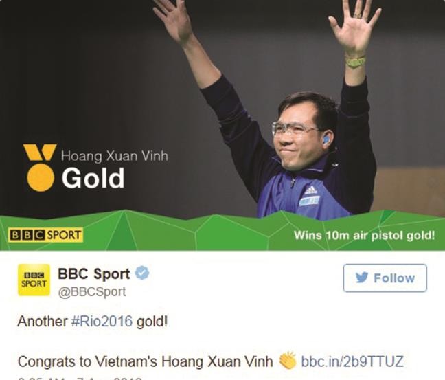 Tài khoản Twitter của BBC Sport đăng tải chiến thắng của Hoàng Xuân Vinh - Ảnh: TWITTER