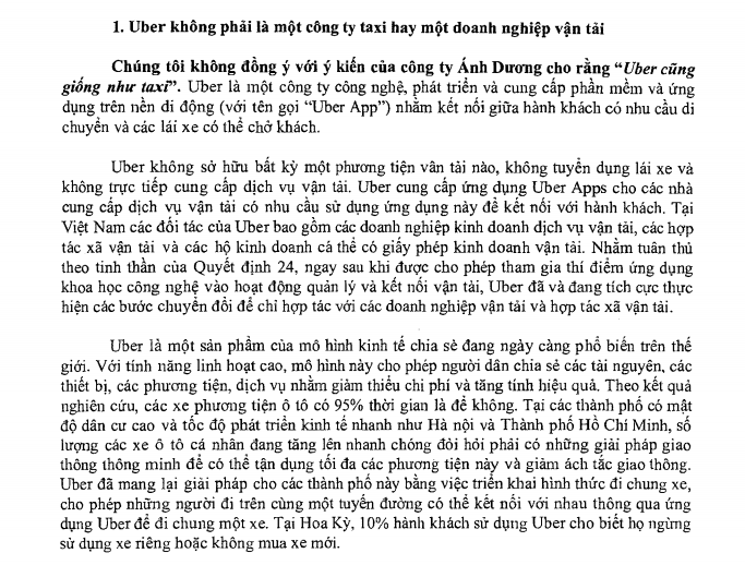 Ảnh chụp màn hình văn bản trả lời của Uber gửi Bộ GTVT trả lời về các kiến nghị của Vinasun.