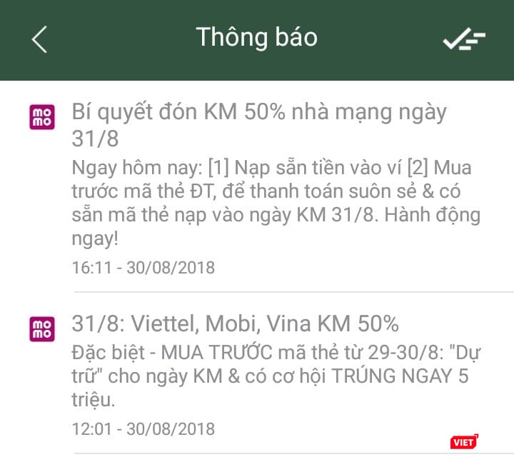 Nhiều kênh thanh toán trung gian liên tục gửi thông tin tới người dùng, nhắc nhớ việc 3 nhà mạng lớn đồng loạt áp dụng khuyến mại trong ngày 31/8. Ảnh: Tin nhắn trong ứng dụng của Ví điện tử MoMo.