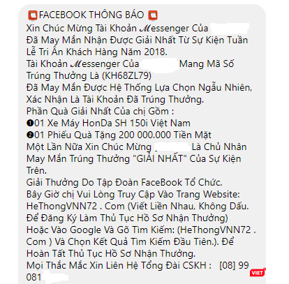 Nội dung tin nhắn thông báo trúng thưởng khiến nhiều người dùng mạng xã hội bán tín bán nghi. Nội dung tin nhắn thông báo trúng thưởng khiến nhiều người dùng mạng xã hội bán tín bán nghi.