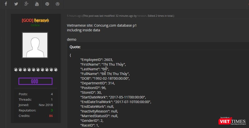 Ảnh chụp màn hình nội dung chia sẻ và rao bán cơ sở dữ liệu của chuỗi cửa hàng đồ dùng trẻ em Con Cưng Ảnh chụp màn hình nội dung chia sẻ và rao bán cơ sở dữ liệu của chuỗi cửa hàng đồ dùng trẻ em Con Cưng
