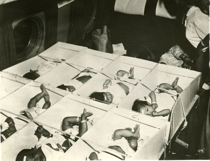 Trẻ sơ sinh trong "Chiến dịch không vận trẻ em" được đánh số và đặt trong các hộp lớn có chằng dây để đảm bảo an toàn. Trẻ sơ sinh được đánh số và đặt trong các hộp lớn có chằng dây để đảm bảo an toàn.