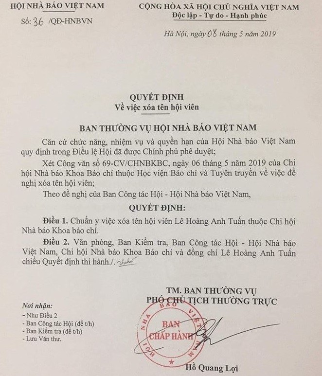 Quyết định của Hội Nhà báo Việt Nam về việc xóa tên hội viên Lê Hoàng Anh Tuấn. Quyết định của Hội Nhà báo Việt Nam về việc xóa tên hội viên Lê Hoàng Anh Tuấn.