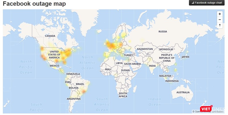 Châu Âu là điểm nóng về sự cố của Facebook vào thời điểm 23h ngày 3/7.