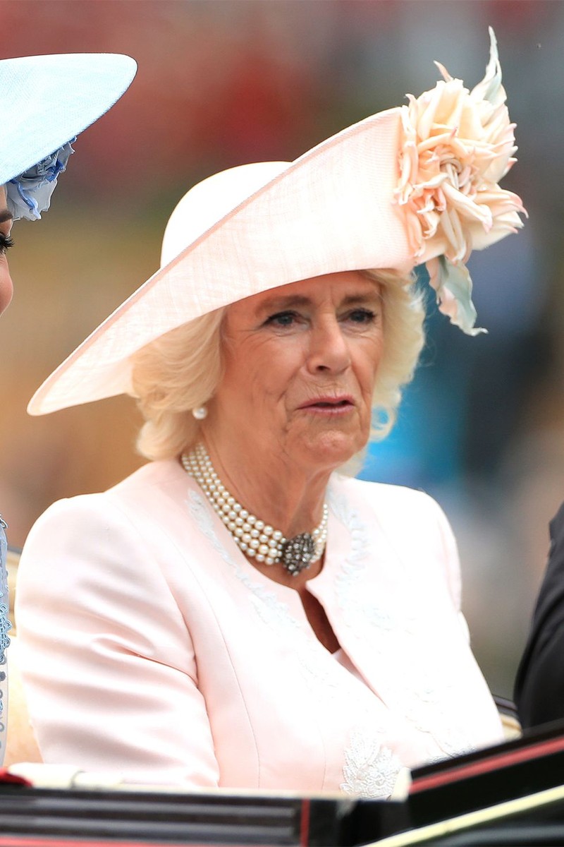 Camilla vợ Thái tử Charles, Nữ công tước xứ Cornwall trong chiếc mũ rộng vành màu hồng với điểm nhấn hoa ở phía trước. Camilla vợ Thái tử Charles, Nữ công tước xứ Cornwall trong chiếc mũ rộng vành màu hồng với điểm nhấn hoa ở phía trước.