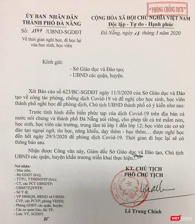 Thông báo của UBND TP. Đà Nẵng.