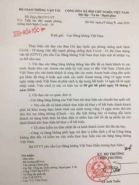 Công văn hỏa tốc của Bộ Giao thông vận tải Công văn hỏa tốc của Bộ Giao thông vận tải