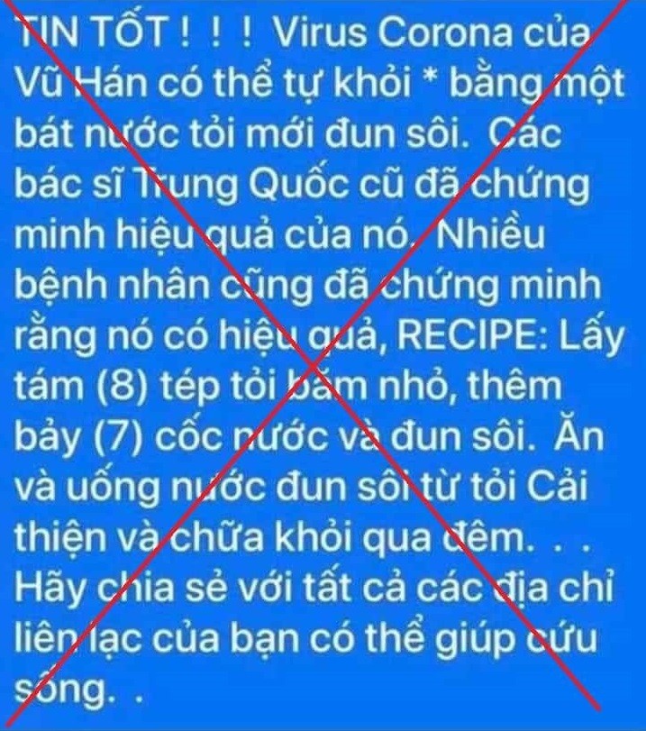 Nội dung tin giả về việc có thể chữa COVID-19 bằng tỏi. Ảnh: CA TP. HN