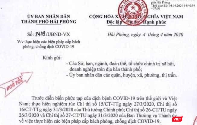 Công văn hỏa tốc của UBND TP Hải Phòng mới phát đi hôm qua (4/4). Công văn hỏa tốc của UBND TP Hải Phòng mới phát đi hôm qua (4/4).
