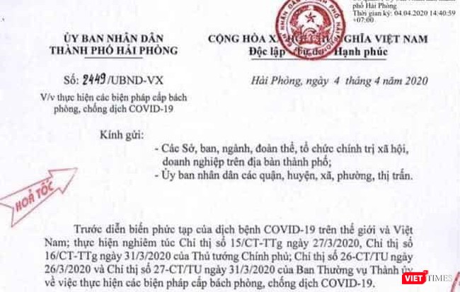 Công văn hỏa tốc của UBND TP Hải Phòng về việc thực hiện cách ly y tế tập trung đối với người từ vùng dịch. Công văn hỏa tốc của UBND TP Hải Phòng mới phát đi hôm qua (4/4).