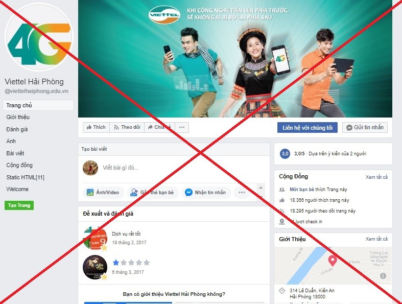 Một trong số các trang fanpage giả mạo. Ảnh: Viettel cung cấp Một trong số các trang fanpage giả mạo. Ảnh: Viettel cung cấp