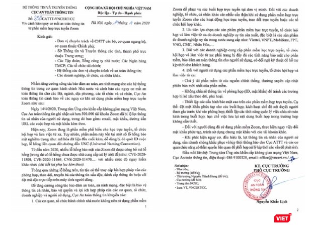 Công văn của Cục An toàn thông tin mới phát đi tối nay về việc không nên dùng ứng dụng Zoom. Ảnh: Anh Lê