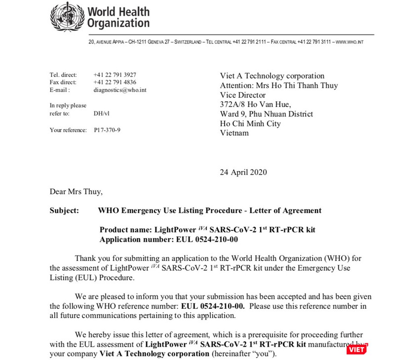 Chứng nhận của WHO về bộ Kit xét nghiệm COVID-19 của Việt Nam do Bộ Khoa học và Công nghệ giao cho Học viện Quân y và Công ty Việt Á phối hợp nghiên cứu và sản xuất.
