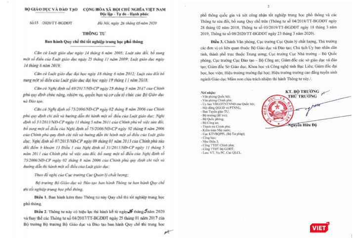 Thông tư 15/2020/TT-BGDĐT về Quy chế thi tốt nghiệp Trung học phổ thông THPT.