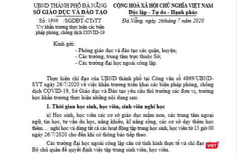 Sở Giáo dục và Đào tạo Đà Nẵng thông báo cho học sinh, học viên nghỉ học.