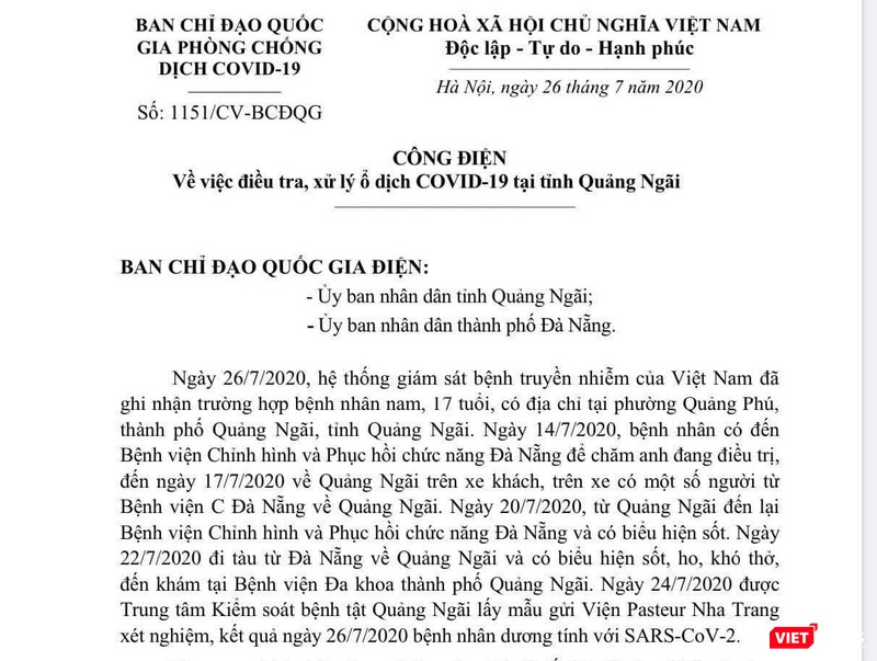 Công điện của Ban Chỉ đạo Quốc gia gửi UBND tỉnh Quảng Ngãi và UBND TP. Đà Nẵng. Công điện của Ban Chỉ đạo Quốc gia gửi UBND tỉnh Quảng Ngãi và UBND TP. Đà Nẵng.
