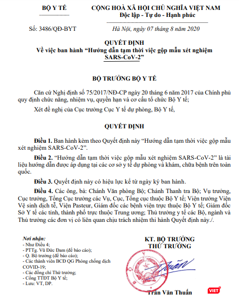 Quyết định ban hành “Hướng dẫn tạm thời việc gộp mẫu xét nghiệm SARS-CoV-2” của Bộ Y tế. Quyết định ban hành “Hướng dẫn tạm thời việc gộp mẫu xét nghiệm SARS-CoV-2” của Bộ Y tế.