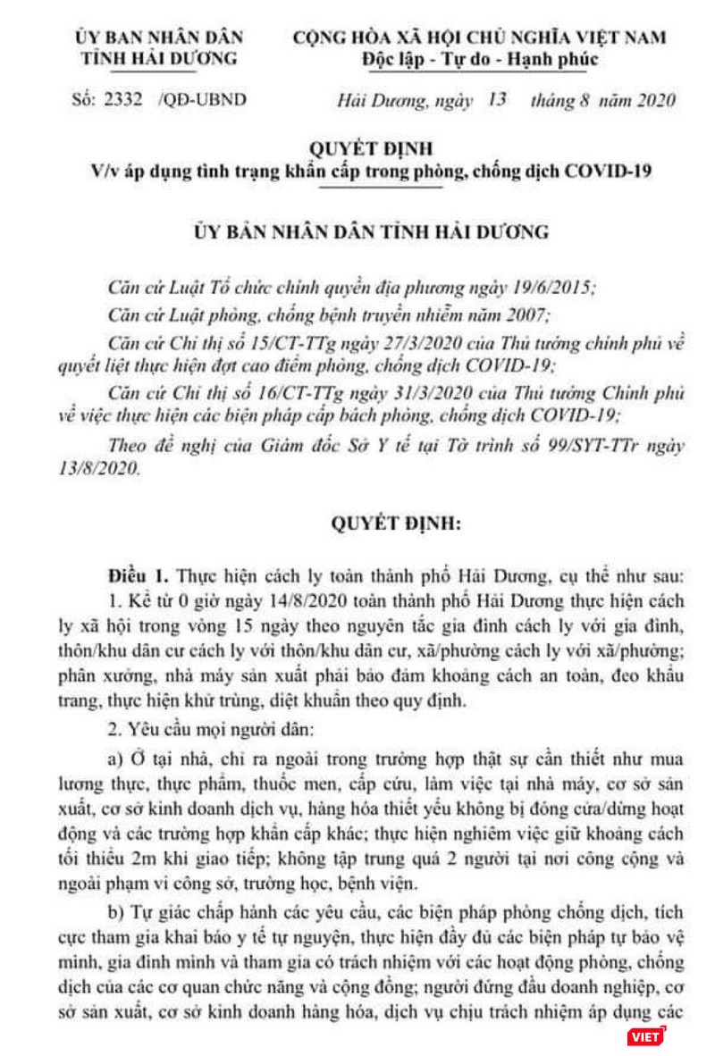 Hải Dương quyết định áp dụng tình trạng khẩn cấp trong phòng, chống dịch COVID-19 tại Thành phố Hải Dương sau khi phát hiện 3 trường hợp dương tính SARS-CoV-2 có liên quan đến bệnh nhân 867. Hải Dương quyết định áp dụng tình trạng khẩn cấp trong phòng, chống dịch COVID-19 tại Thành phố Hải Dương sau khi phát hiện 3 trường hợp dương tính SARS-CoV-2 có liên quan đến bệnh nhân 867.