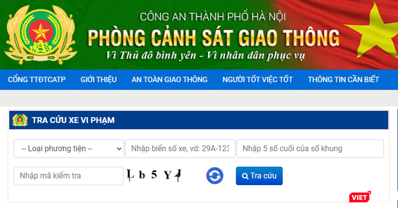 Giao diện trang tra cứu xe vi phạm