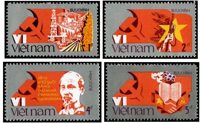 Bộ tem đặc biệt “Đại hội VI Đảng Cộng sản Việt Nam”, phát hành ngày 20/11/1986, gồm 4 mẫu Bộ tem đặc biệt “Đại hội VI Đảng Cộng sản Việt Nam”, phát hành ngày 20/11/1986, gồm 4 mẫu