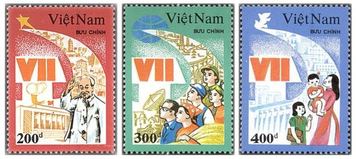 Bộ tem đặc biệt “Chào mừng Đại hội Đảng Cộng sản Việt Nam lần thứ VII”, phát hành ngày 19/5/1991, gồm 3 mẫu Bộ tem đặc biệt “Chào mừng Đại hội Đảng Cộng sản Việt Nam lần thứ VII”, phát hành ngày 19/5/1991, gồm 3 mẫu