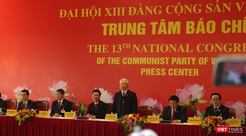 Tổng Bí thư Nguyễn Phú Trọng chủ trì cuộc họp báo đầu tiên sau thành công của Đại hội Đảng XIII. Ảnh: Anh Lê.