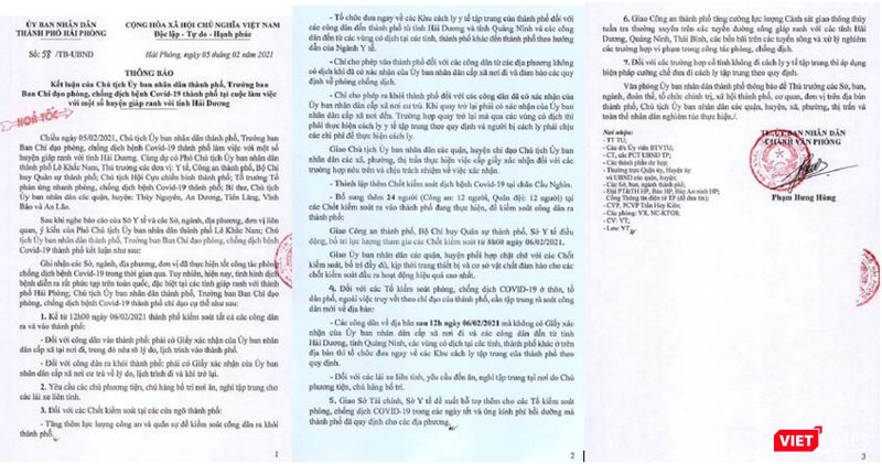 Công văn số 58 của UBND TP. Hải Phòng về việc siết chặt người ra vào TP. từ 12h trưa 6/2.