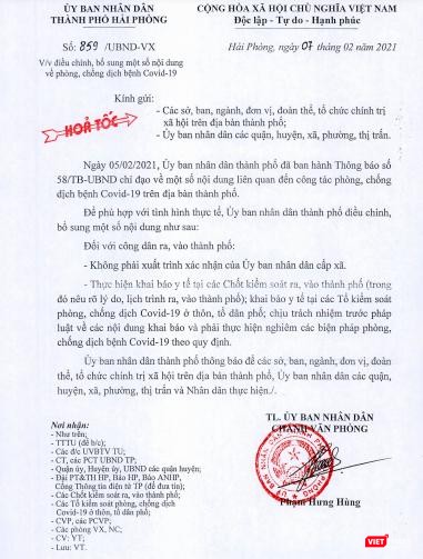 Tại văn bản số 859 phát đi sáng 7/2, Hải Phòng &quot;nói lại&quot; về giấy phép đi lại.