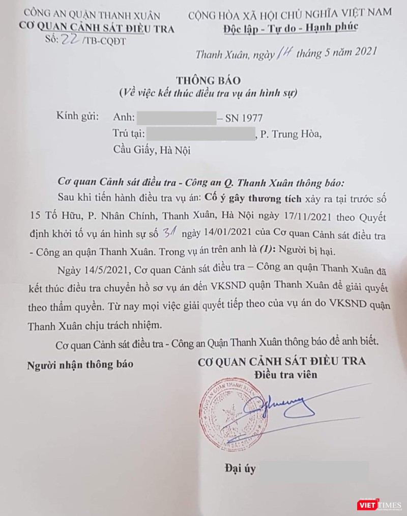 Thông báo của Công an quận Thanh Xuân về việc kết thúc điều tra, chuyển hồ sơ vụ án đến Viện Kiểm sát Nhân dân quận Thanh Xuân.