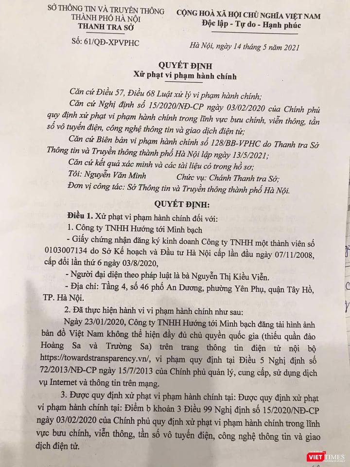 Quyết định xử phạt vi phạm hành chính đối với công ty Hướng tới Minh bạch. Quyết định xử phạt vi phạm hành chính đối với công ty Hướng tới Minh bạch.