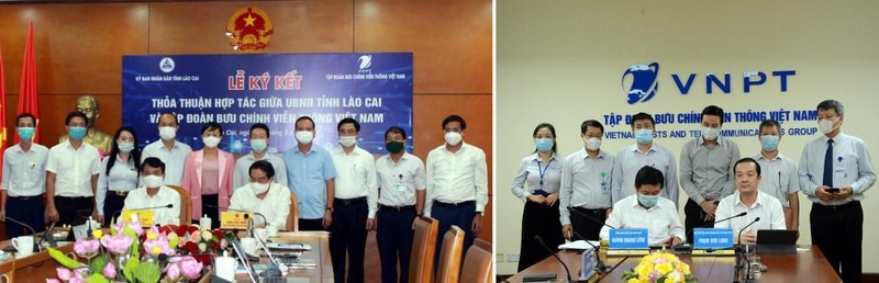 Qua cầu truyền hình, ông Trịnh Xuân Trường - Chủ tịch UBND tỉnh Lào Cai (ảnh trái) và ông Huỳnh Quang Liêm - Tổng Giám đốc Tập đoàn VNPT (ảnh phải) ký kết thỏa thuận hợp tác giữa 2 bên. Qua cầu truyền hình, ông Trịnh Xuân Trường - Chủ tịch UBND tỉnh Lào Cai (ảnh trái) và ông Huỳnh Quang Liêm - Tổng Giám đốc Tập đoàn VNPT (ảnh phải) ký kết thỏa thuận hợp tác giữa 2 bên.