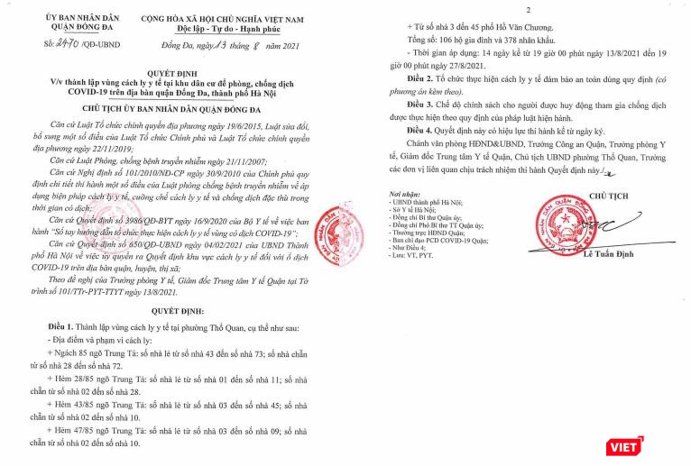 UBND quận Đống Đa (Hà Nội) ra quyết định thiết lập khu vực cách ly y tế trên địa bàn phường Thổ Quan. UBND quận Đống Đa (Hà Nội) ra quyết định thiết lập khu vực cách ly y tế trên địa bàn phường Thổ Quan.