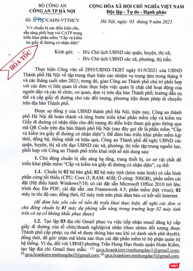 Công văn hoả tốc của Công an TP. Hà Nội về việc chuẩn bị cấp và kiểm tra giấy đường có QR code Công văn hoả tốc của Công an TP. Hà Nội về việc chuẩn bị cấp và kiểm tra giấy đường có QR code