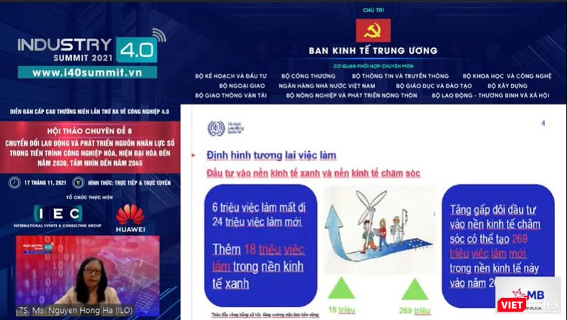 Bà Nguyễn Hồng Hà chỉ ra công nghệ số có thể tạo thêm 24 triệu việc làm mới, trong đó khoảng 18 triệu việc làm trong nền kinh tế xanh. Bà Nguyễn Hồng Hà chỉ ra công nghệ số có thể tạo thêm 24 triệu việc làm mới, trong đó khoảng 18 triệu việc làm trong nền kinh tế xanh.