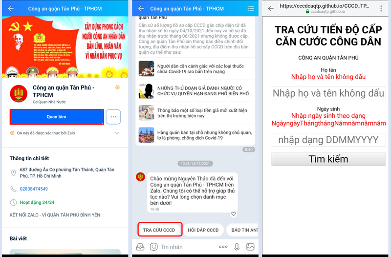 Người dân quận Tân Phú (TP.HCM) dễ dàng tra cứu tiến độ làm CCCD ngay trên Zalo. Ảnh chụp màn hình.