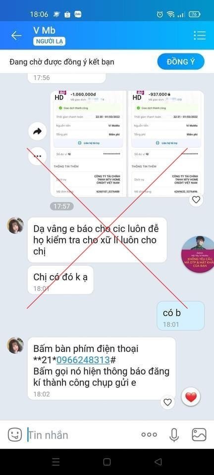 Thủ đoạn lừa đảo qua cú pháp **21*# mà các đối tượng lừa đảo sử dụng. Ảnh: MoMo cung cấp.