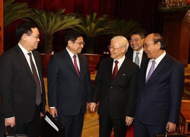 Tổng Bí thư Nguyễn Phú Trọng, Chủ tịch nước Nguyễn Xuân Phúc, Thủ tướng Phạm Minh Chính và Chủ tịch Quốc hội Vương Đình Huệ dự bế mạc hội nghị.