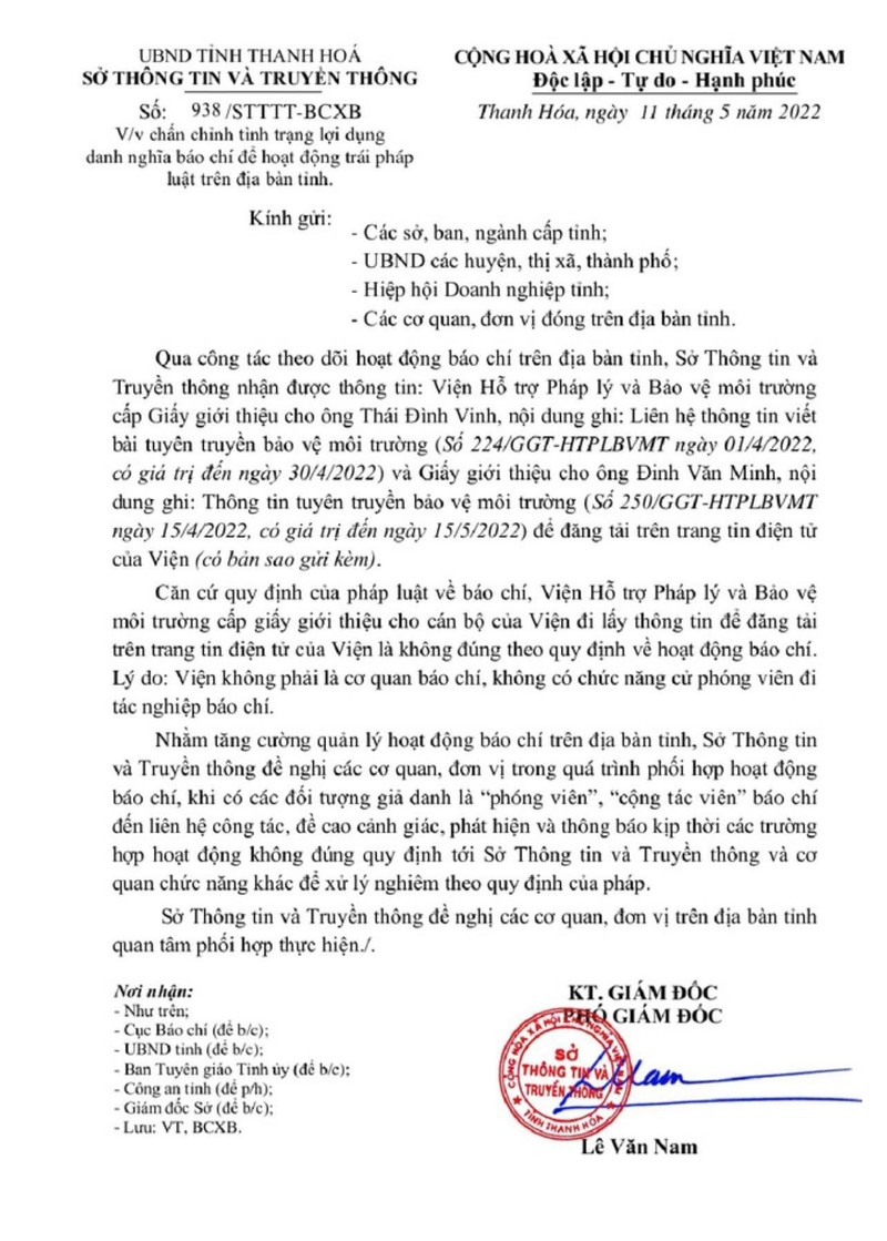 Công văn của Sở TT&amp;TT tỉnh Thanh Hoá đề nghị Thanh tra Bộ TT&amp;TT kiểm tra việc hoạt động báo chí của Viện Hỗ trợ Pháp lý và Bảo vệ Môi trường.