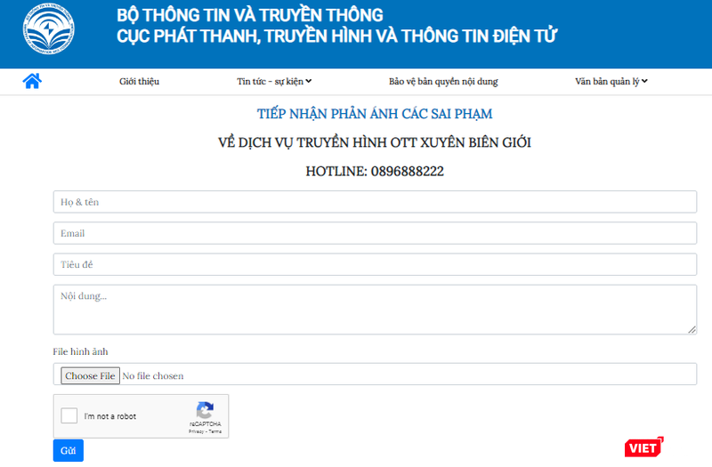 Cục Phát thanh, Truyền hình và Thông tin điện tử nhận thông tin phản ánh từ người dân về sai phạm của dịch vụ truyền hình OTT qua website. Cục Phát thanh, Truyền hình và Thông tin điện tử nhận thông tin phản ánh từ người dân về sai phạm của dịch vụ truyền hình OTT qua website.