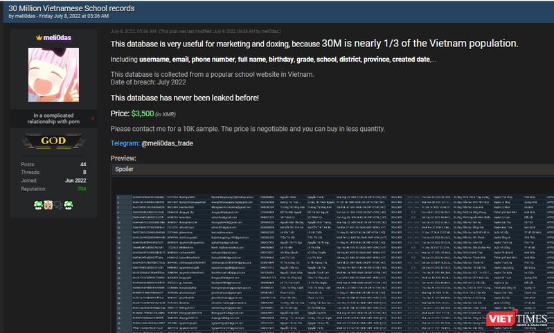 Bài viết trên diễn đàn tin tặc rao bán thông tin của 30 triệu người dân Việt Nam.