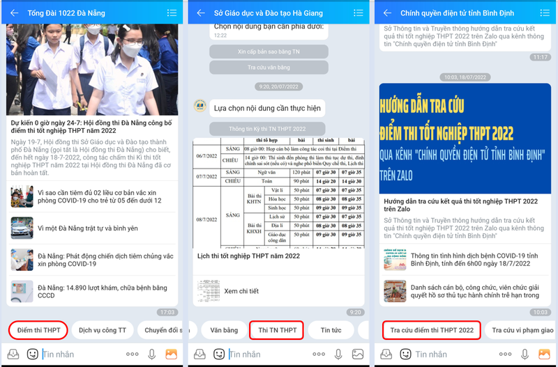 Tra cứu điểm thi THPT 2022 trên trang Zalo của các tỉnh thành. Ảnh chụp màn hình.