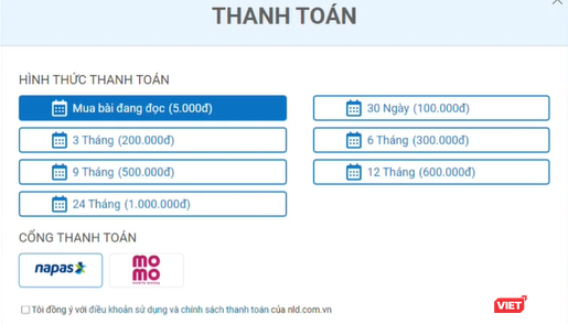 Các mức thu phí đọc bài trên chuyên mục Dành cho bạn đọc VIP của Báo điện tử Người lao động.