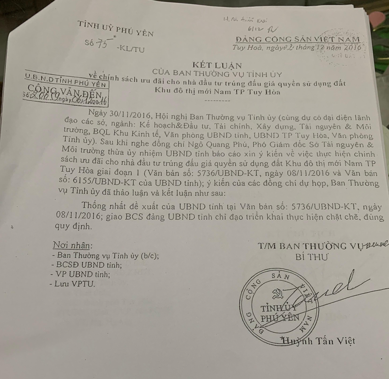 Kết luận ngày 2/12/2016, ông Huỳnh Tấn Việt - Bí thư Tỉnh ủy Phú Yên ký đồng ý với đề xuất của UBND tỉnh về các chính sách ưu đãi cho nhà đầu tư trúng đấu giá.