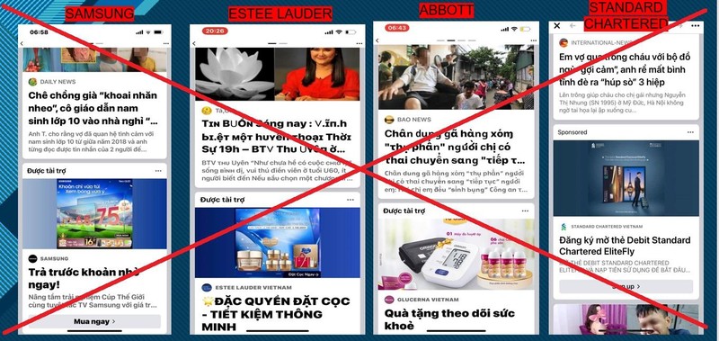 Quảng cáo của các doanh nghiệp xuất hiện cùng những nội dung nhảm nhí trên Facebook.