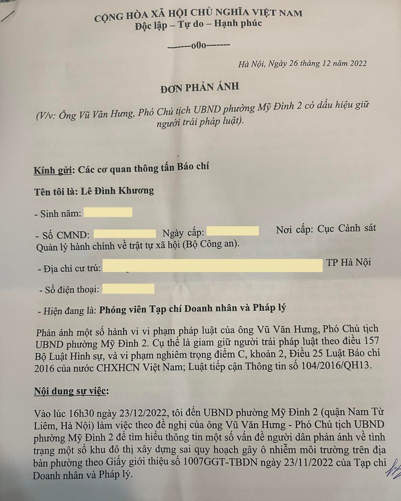 Đơn phản ánh của phóng viên Lê Đình Khương về sự việc tại UBND phường Mỹ Đình 2. Đơn phản ánh của phóng viên Lê Đình Khương về sự việc tại UBND phường Mỹ Đình 2.